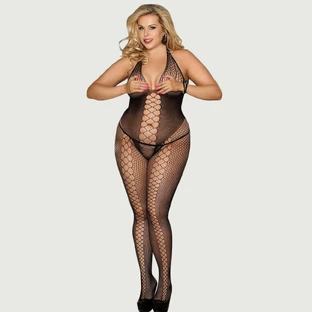 Plus Size Halter Neck Open Back Netted Bodystocking - Black - Large/X-Large