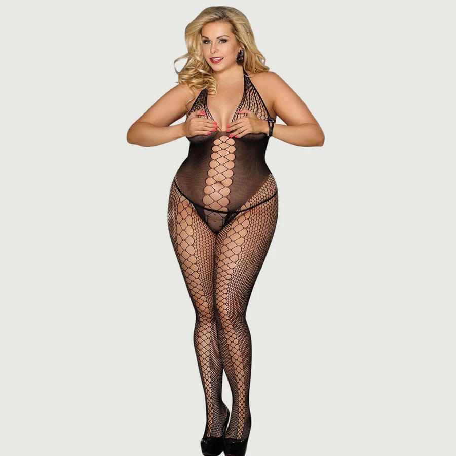 Plus Size Halter Neck Open Back Netted Bodystocking - Black - Large/X-Large