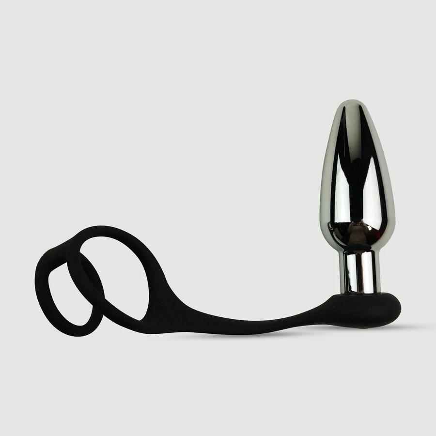 Anal Intruder Dop de fund metalic vibrator cu inel dublu pentru penis - argintiu