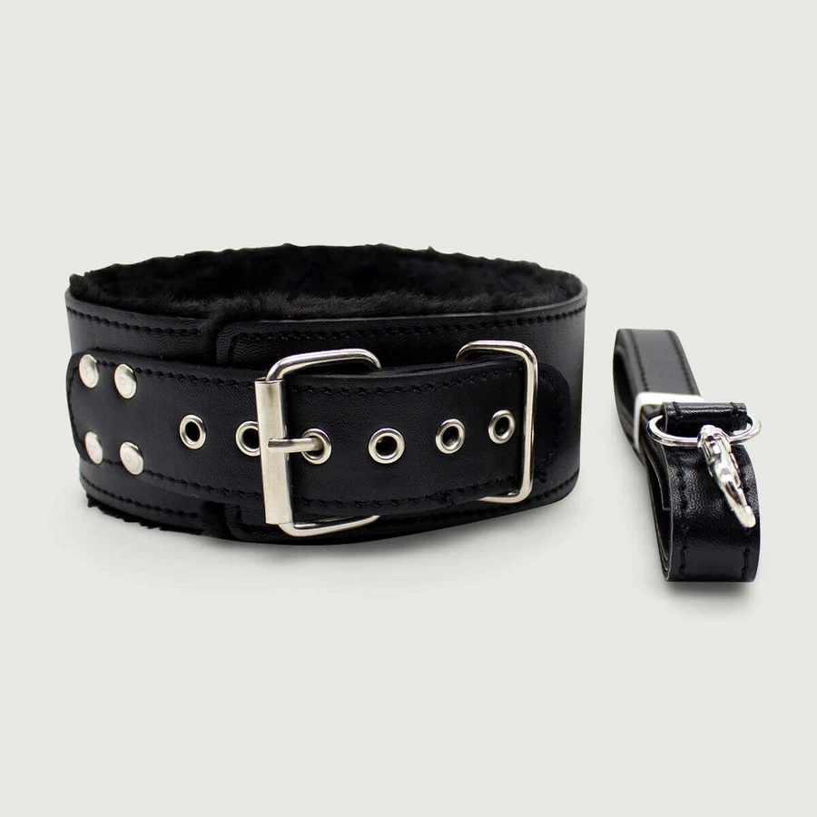 Halsband mit Leine und Innenfutter aus Fell - Schwarz