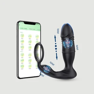 Indigo App Controlled Silicone Thrusting Prostaat Vibrator met Cock Ring - Zwart