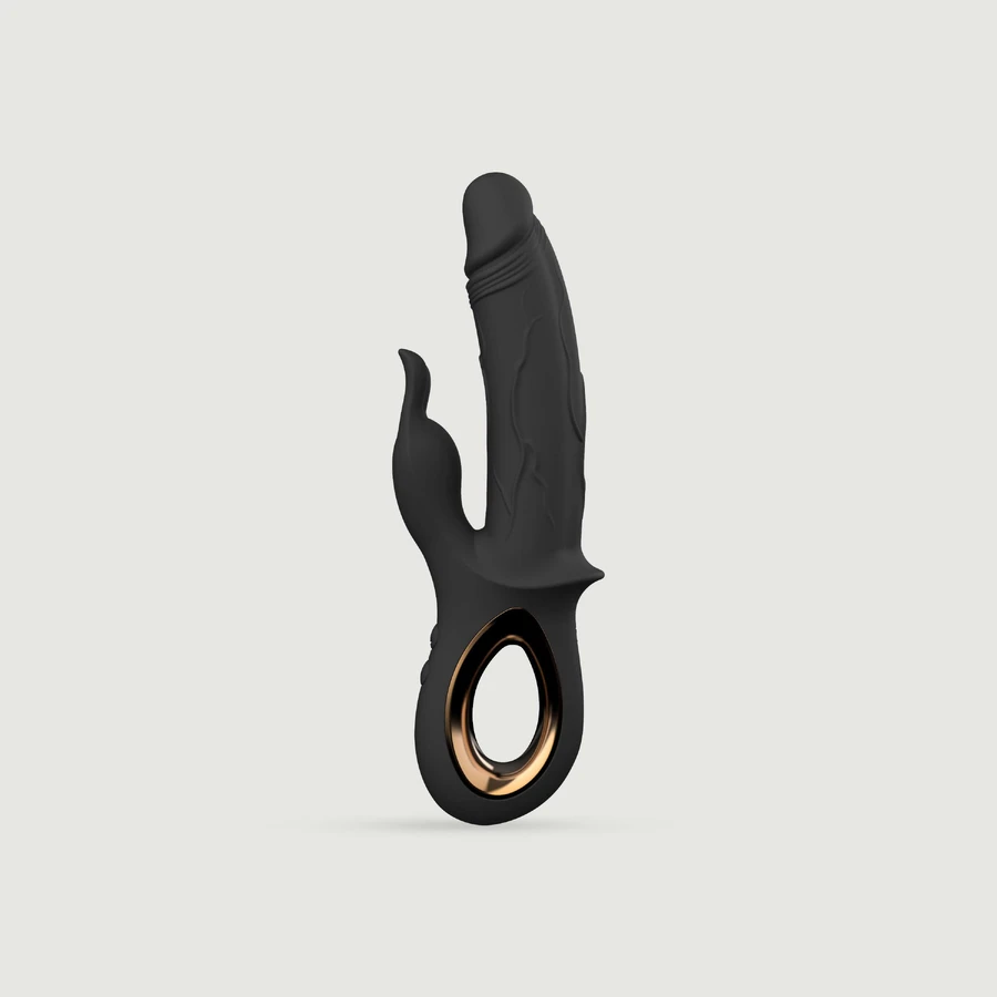 Conejito realista vibrador de silicona con cosquilleador de clítoris - negro