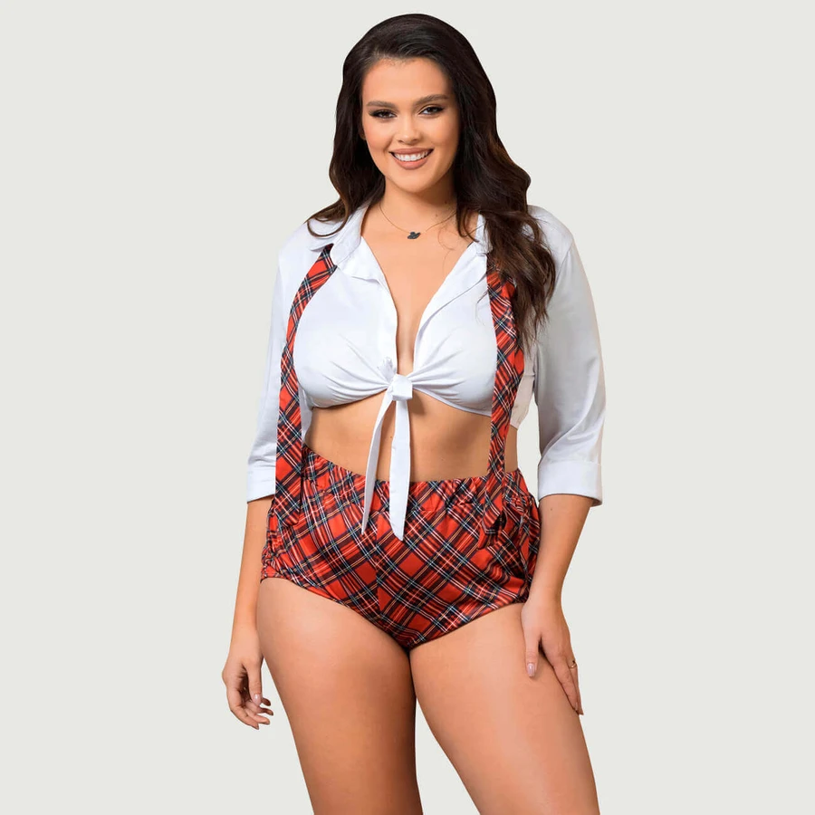 Plus Size Sexy Uniform Student College Style Cosplay Anzug mit Top - kariert - groß/X-Large