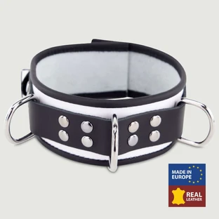 Collar de cuero con anillas en D - Blanco/Negro