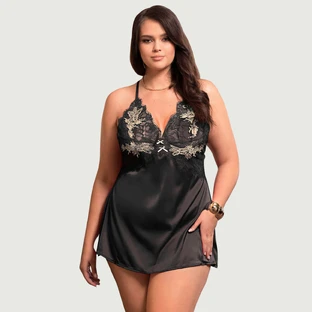 Plus Size Sexy Bloemen Decoratie Gekruiste Bandjes Voor Rug Babydoll - Zwart - Large/X-Large