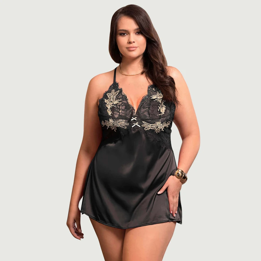 Plus Size Sexy Bloemen Decoratie Gekruiste Bandjes Voor Rug Babydoll - Zwart - Large/X-Large