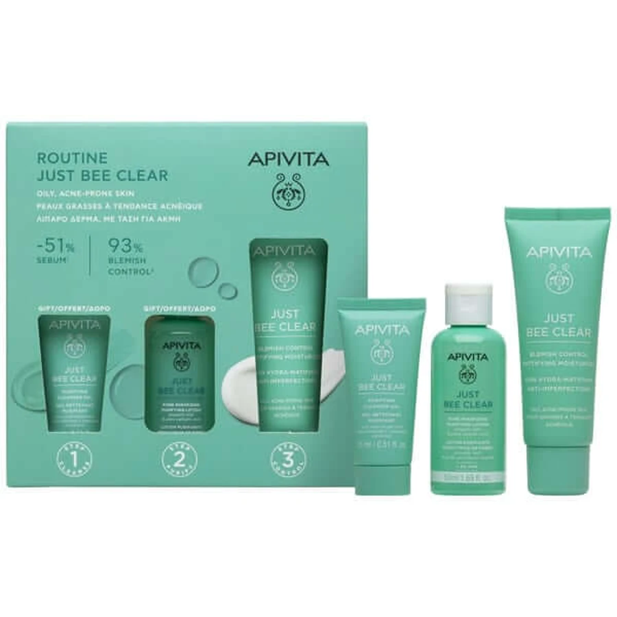 Apivita | Promo Rutina Just Bee Clear Crema contra imperfecciones, 40ml &amp; REGALO Just Bee Clear Loción Tensora de Poros, 50ml &amp; Gel Limpiador Facial, 15ml | 1set