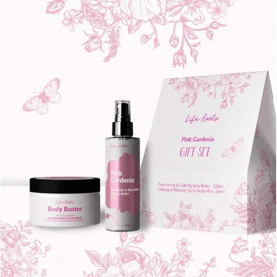 Life Roots | Set de Regalo Manteca Corporal Nutritiva y Calmante Gardenia Rosa 250ml &amp; Bruma para Cabello y Cuerpo | 150ml