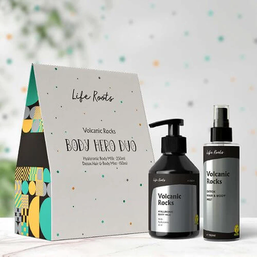 Life Roots | Geschenkset Body Hero Duo Vulkanische Rotsen Hyaluron lichaamsmelk 250ml & Detox Hair Body Mist 150ml | 1 set