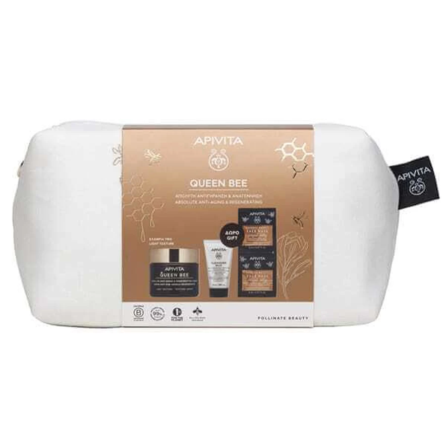 APIVITA Queen Bee Set mit Queen Bee Anti-Aging Light Texture Face Cream 50ml + FREE Cleansing Milk Reinigungsmilch 3 in 1 für Gesicht & Augen 50ml + Gesichtsmaske Royal Jelly Face Mask 2x8ml