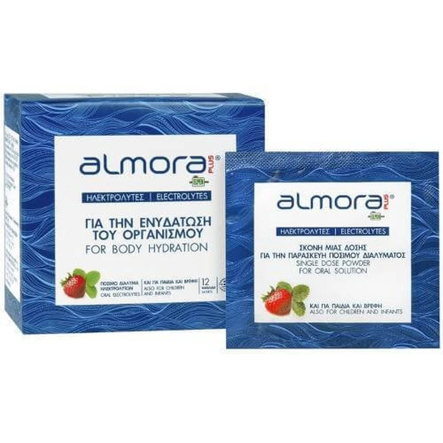 ALMORA PLUS Electrolitos Sabor Fresa Suplemento Nutricional para la Hidratación del Cuerpo 12 sobres