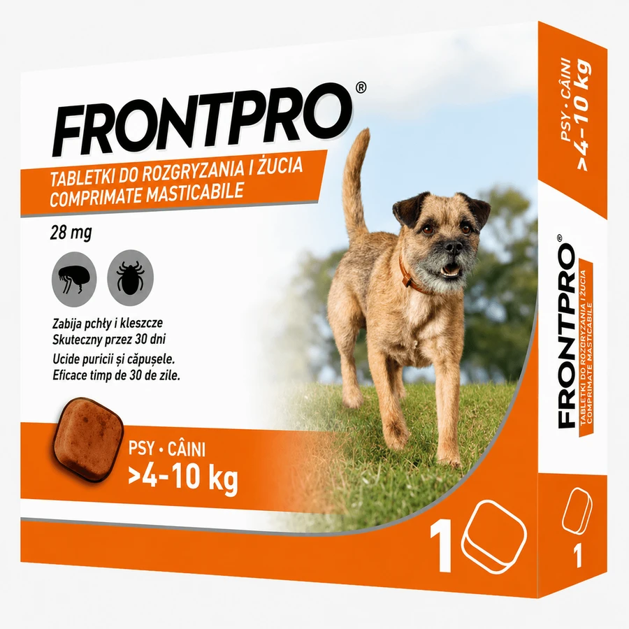 FrontPro 28 mg gegen Flöhe und Zecken für Hunde 4–10 kg, 1 Kautablette