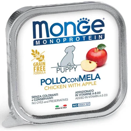 MONGE Monoprotein Monoprotein Puppy&Junior, XS-XL, Pollo y Manzana, bandeja de comida húmeda monoproteica sin cereales para perros junior, (paté), 150g