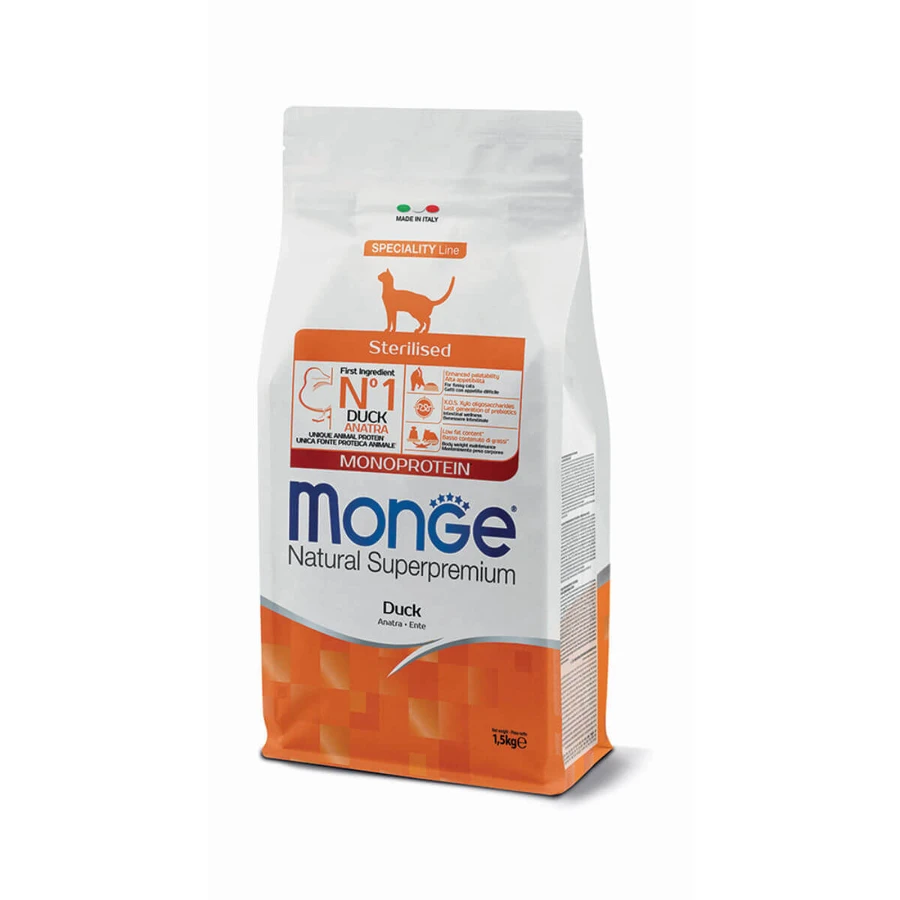 MONGE Natural Superpremium Monoprotein Sterilized, Eend, droogvoer voor gesteriliseerde katten, 1,5kg