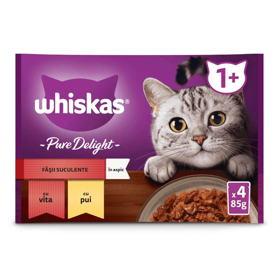 WHISKAS Pure Delight Classic Selections, Beef and Chicken, sachet wet cat food, (in aspic), multipack, 85g x 4