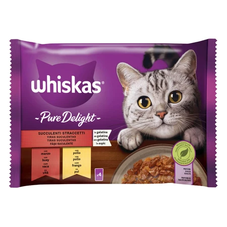 WHISKAS Pure Delight Classic Selections, Beef and Chicken, sachet wet cat food, (in aspic), multipack, 85g x 4