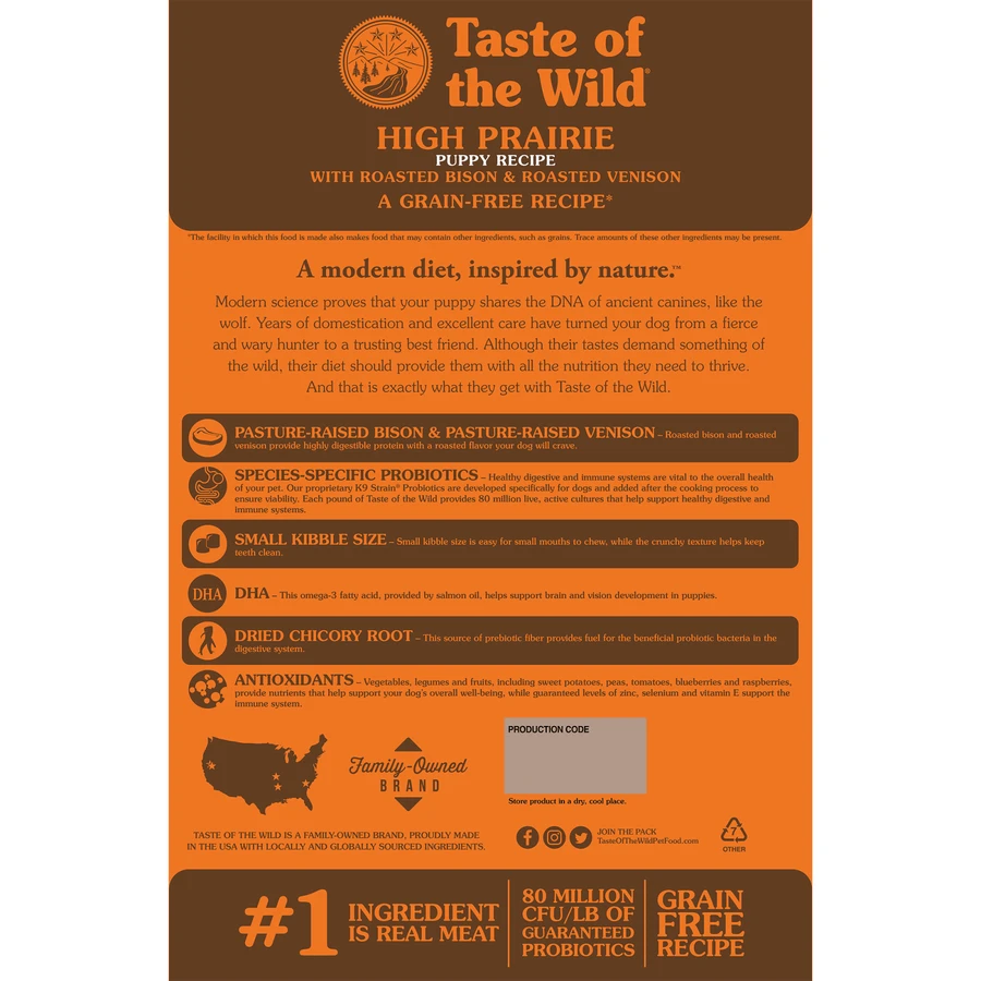 TASTE OF THE WILD High Prairie Puppy, Bison und Venison, getreidefreies Trockenfutter für junge Hunde, 2kg