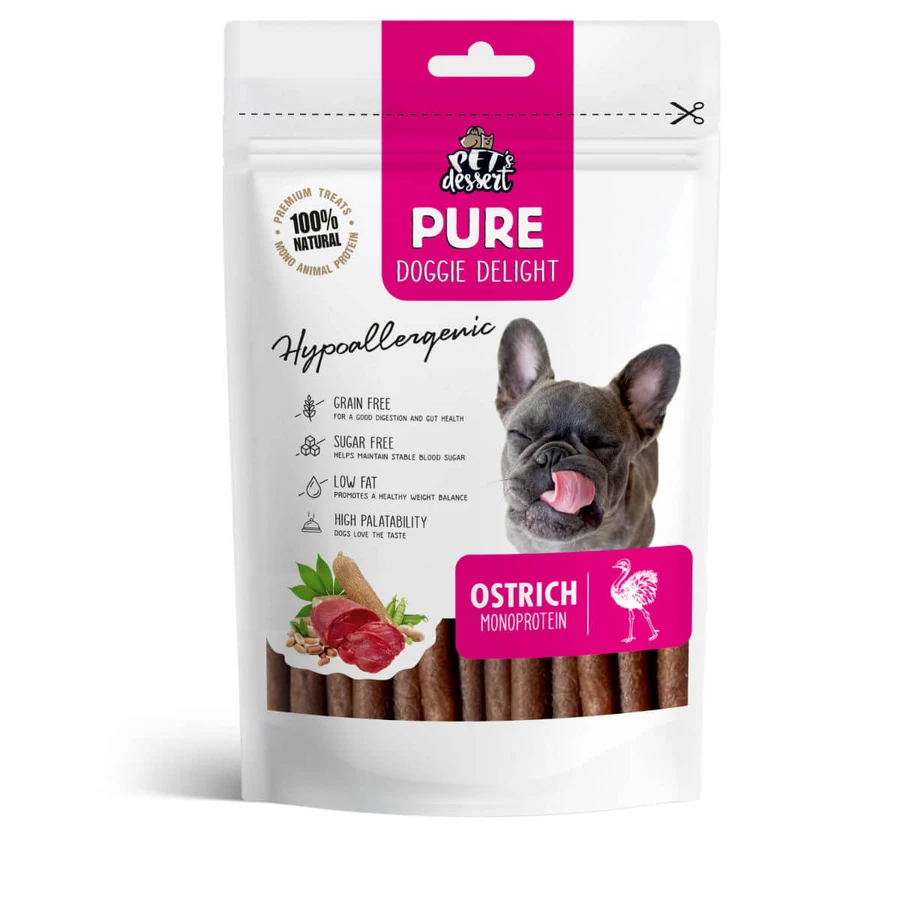 PET'S DESSERT Pure Doggie Delight Hypoallergenic Doggie Delight, XS-XL, Strauß, getreidefreier Belohnungsbeutel mit einem Protein für Hunde, Allergien, 80g