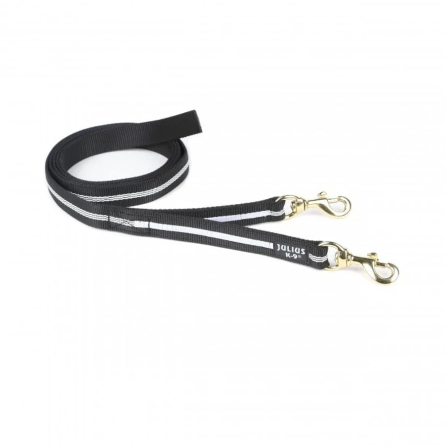 JULIUS-K9 IDC, correa doble Y con 2 mosquetones sin asa perros, nylon, cinta, 25mm x 2,2m, negro