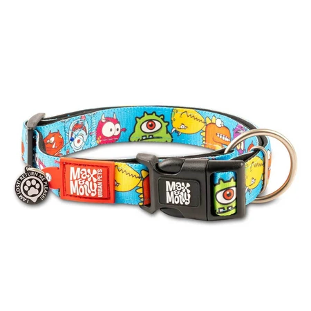 MAX & MOLLY Smart ID Little Monsters, dog collar, adjustable, polyester, blue, trident buckle, S(28-45 x 1.5cm)