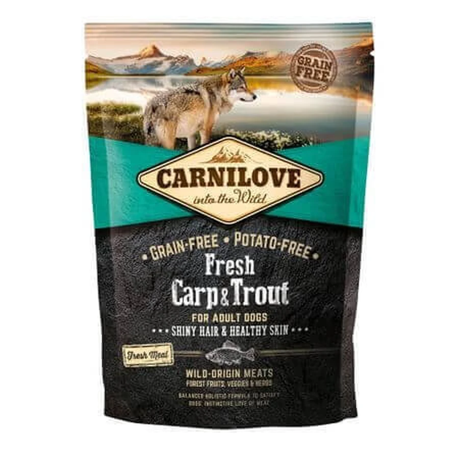 CARNILOVE Fresh Hair & Skin S-XL, Carpa y Trucha, alimento seco sin cereales para perros, piel y pelo, 1,5kg
