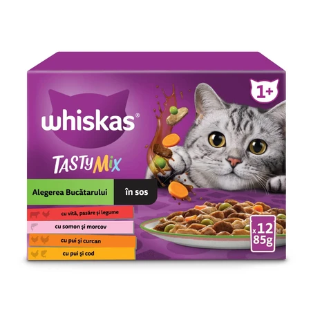 WHISKAS Tasty Mix Chef's Choice, Salmon, Beef, Chicken & Poultry, Chicken & Turkey, Chicken & Cod, sachet wet cat food, (in sauce), multipack, 85g x 12
