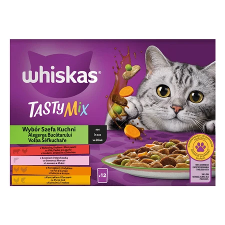 WHISKAS Tasty Mix Chef's Choice, Salmon, Beef, Chicken & Poultry, Chicken & Turkey, Chicken & Cod, sachet wet cat food, (in sauce), multipack, 85g x 12