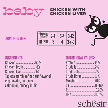 SCHESIR Baby Filets, Kip en Lever, graanvrij natvoer in blik voor jonge katten, (in soep), 70g