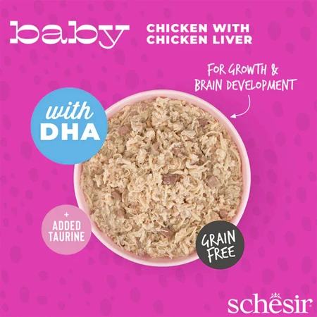 SCHESIR Baby Filets, Kip en Lever, graanvrij natvoer in blik voor jonge katten, (in soep), 70g
