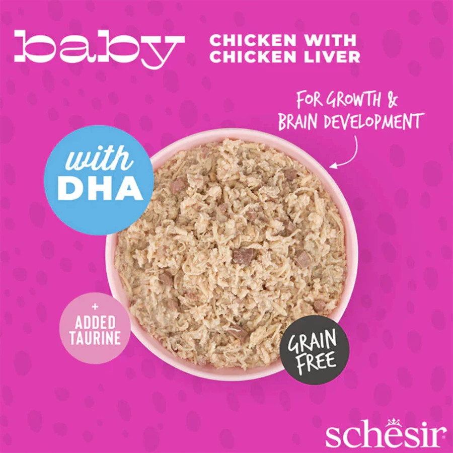 SCHESIR Baby Filets, Kip en Lever, graanvrij natvoer in blik voor jonge katten, (in soep), 70g