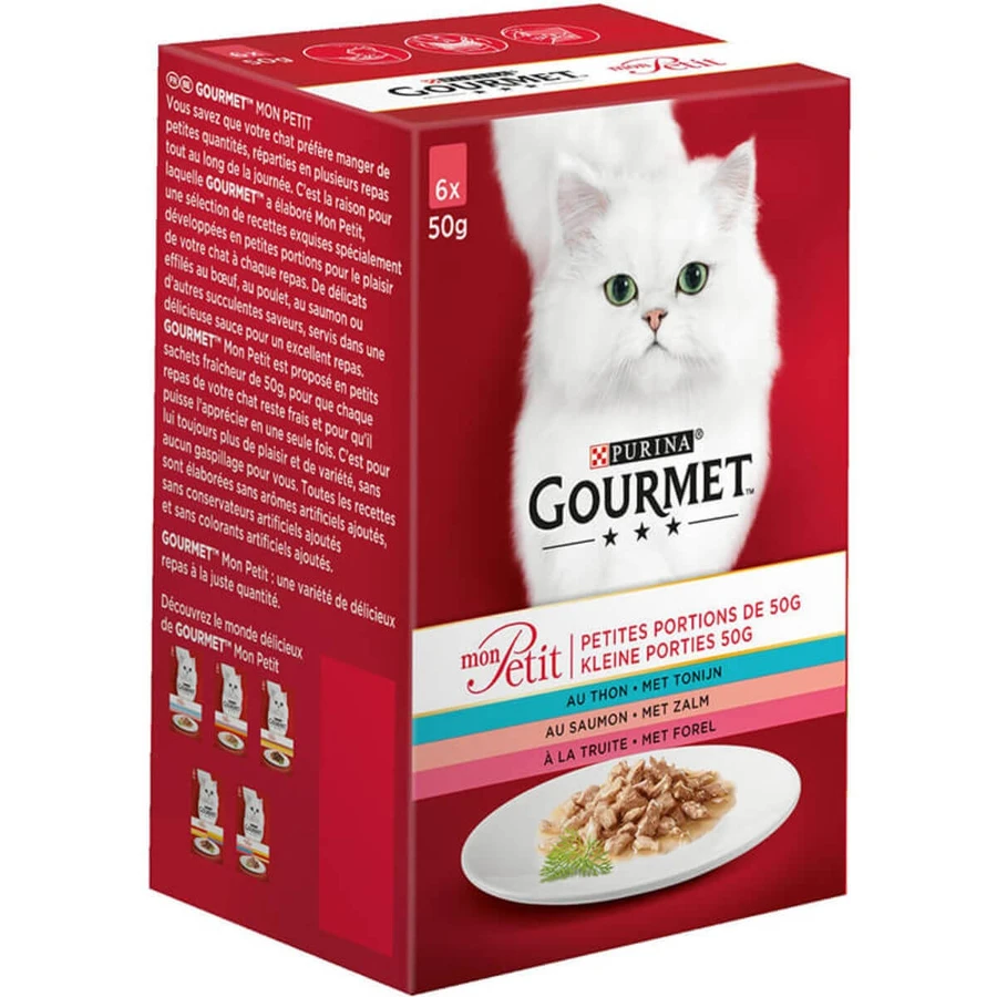 PURINA Gourmet Mon Petit, 3 Geschmacksrichtungen (Lachs, Thunfisch, Forelle), Mischpackung, Beutel Katzennassfutter, (in Sauce), 50g x 6