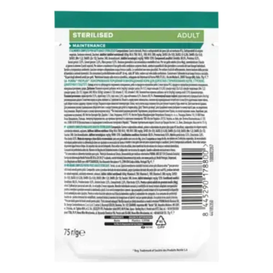 PURINA Pro Plan Sterilized Maintenance, Bacalao, sobre de comida húmeda para gatos esterilizados, (paté), bax, 75g x 10pcs
