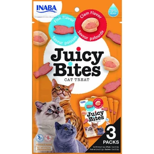 INABA Juicy Bites, Pescado y Vieiras, bolsa, sobre, recompensas de comida para gatos sin cereales, semi-malista, 33g