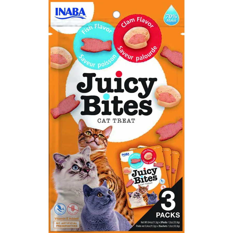 INABA Juicy Bites, Pescado y Vieiras, bolsa, sobre, recompensas de comida para gatos sin cereales, semi-malista, 33g