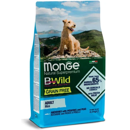 MONGE BWild Adult Mini, XS-S, Ansjovis en Aardappelen, droogvoer, graanvrij, 2,5kg