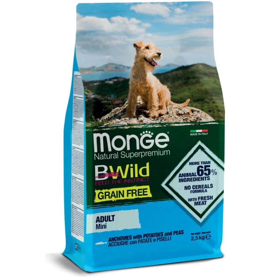 MONGE BWild Adult Mini, XS-S, Ansjovis en Aardappelen, droogvoer, graanvrij, 2,5kg