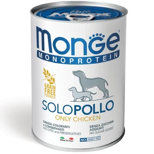 MONGE Monoprotein, XS-XL, Kip, ingeblikt enkelvoudig eiwit graanvrij natvoer voor honden, (paté), 400g