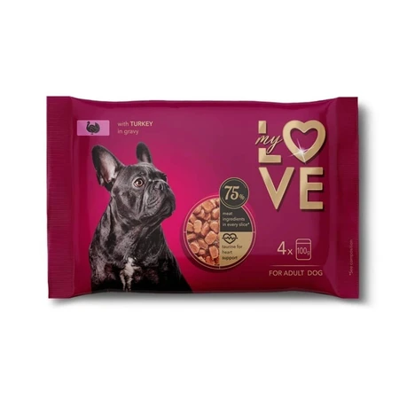MY LOVE, XS-XL, dinde, sachet de nourriture humide pour chiens, (en sauce), multipack, 100g x 4pcs