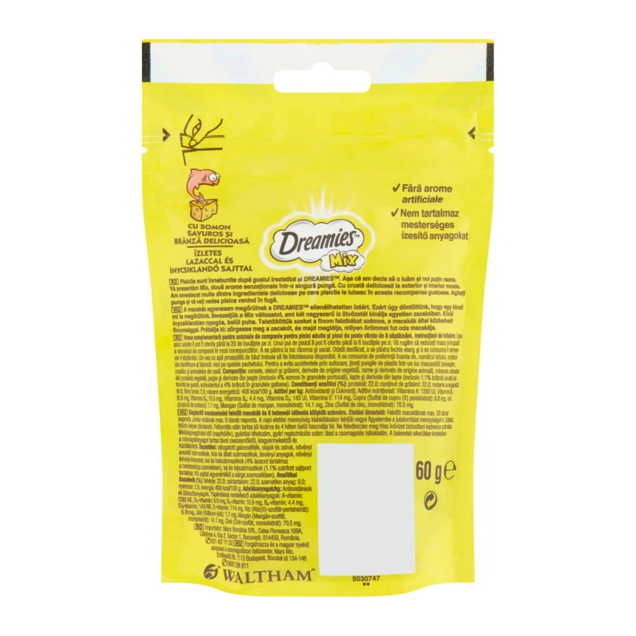 DREAMIES, Salmón y Queso, bolsa de recompensa para gatos, 60g