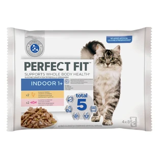 PERFECT FIT Gato Interior 1+, Pollo, Salmón, comida húmeda en bolsitas, (en salsa), multipack, 85g x 4pcs