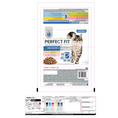 PERFECT FIT Gato Interior 1+, Pollo, Salmón, comida húmeda en bolsitas, (en salsa), multipack, 85g x 4pcs