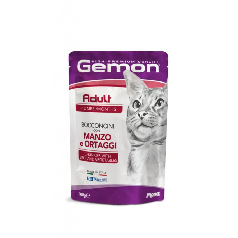 GEMON, Ternera y Verduras, sobre de comida húmeda para gatos, sin cereales, (en aspic), 100g
