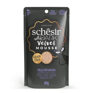 SCHESIR After Dark Velvet Mousse, Pollo y Pato, sobre de comida húmeda sin cereales para gatos, (mousse), 80g
