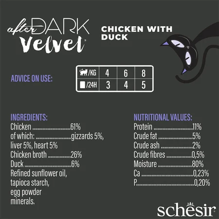 SCHESIR After Dark Velvet Mousse, Pollo y Pato, sobre de comida húmeda sin cereales para gatos, (mousse), 80g