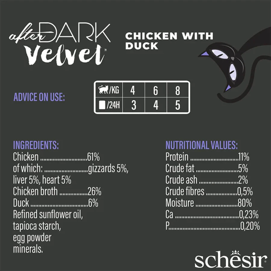 SCHESIR After Dark Velvet Mousse, Pollo y Pato, sobre de comida húmeda sin cereales para gatos, (mousse), 80g