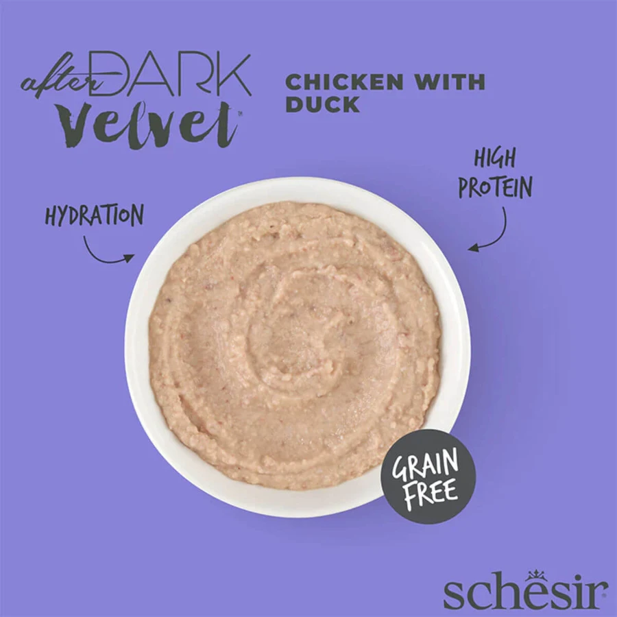 SCHESIR After Dark Velvet Mousse, Pollo y Pato, sobre de comida húmeda sin cereales para gatos, (mousse), 80g