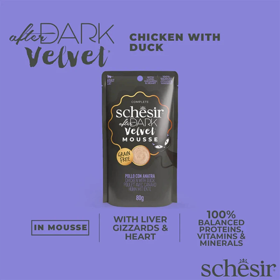SCHESIR After Dark Velvet Mousse, Pollo y Pato, sobre de comida húmeda sin cereales para gatos, (mousse), 80g