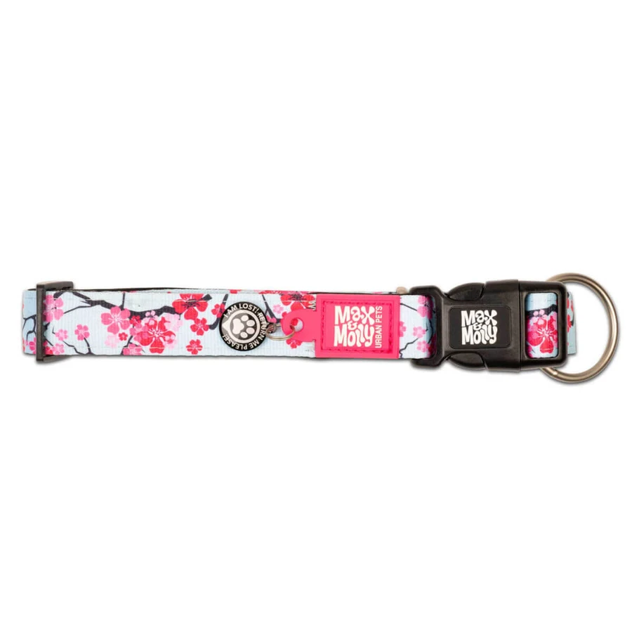 MAX & MOLLY Smart ID Cherry Bloom, dog collar, adjustable, polyester, blue and pink, trident buckle, XS(22-35 x 1cm)