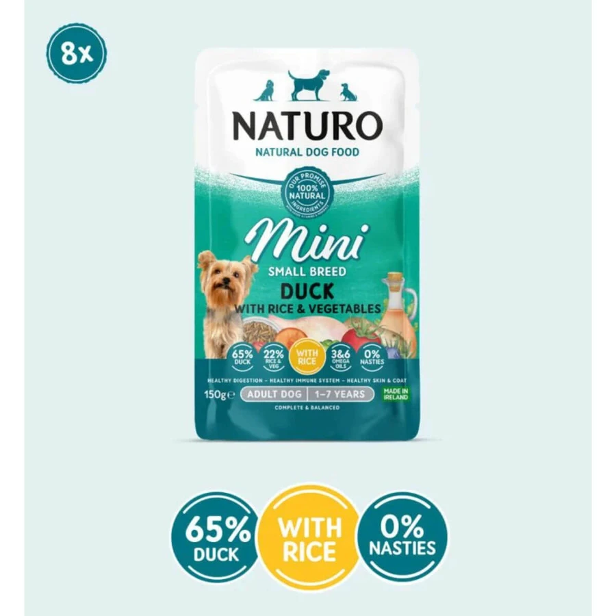 NATURO Mini, XS-S, Eend en Rijst, zakje vochtig hondenvoer, (in eigen sap), 150g