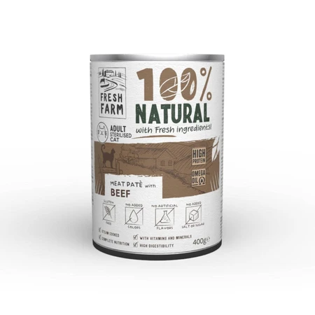 FRESH FARM Smooth Sterilized, Rindfleisch, Nassfutter in Dosen für sterilisierte Katzen, (Pastete), 400g